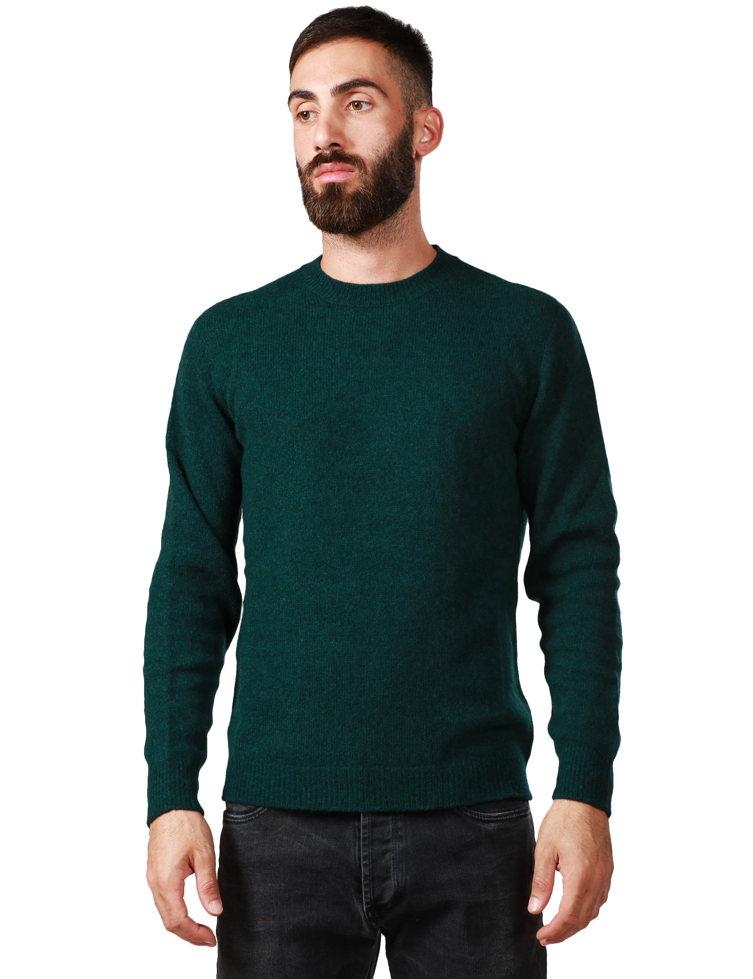 MAGLIONE UOMO ROBERTO COLLINA VERDE GIROCOLLO CON POLSI E FONDI A COSTINE IN LANA DI CAMMELLO