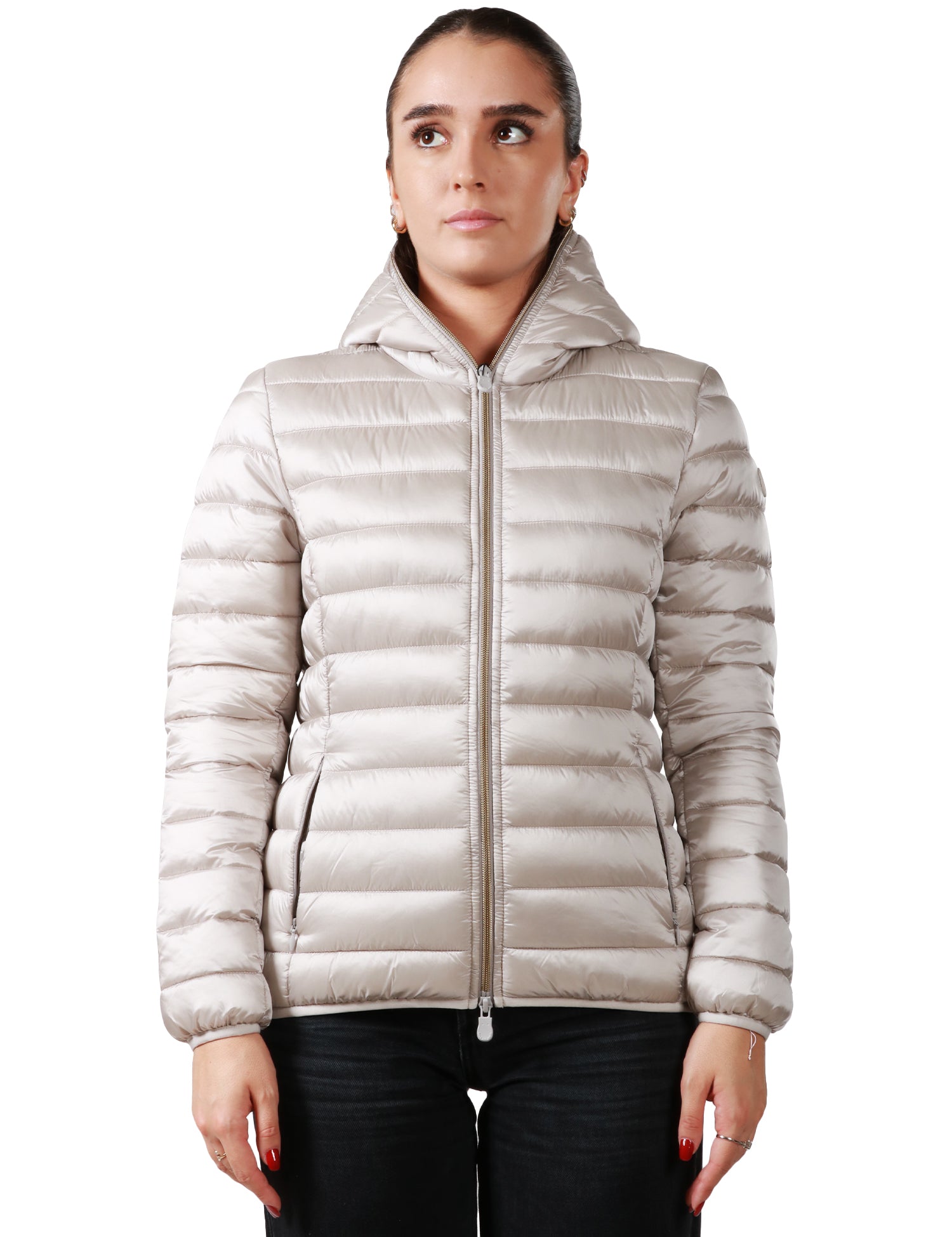 PIUMINO DONNA SAVE THE DUCK ALEXIS BEIGE CON ZIP E CAPPUCCIO IN NYLON TRAPUNTATO