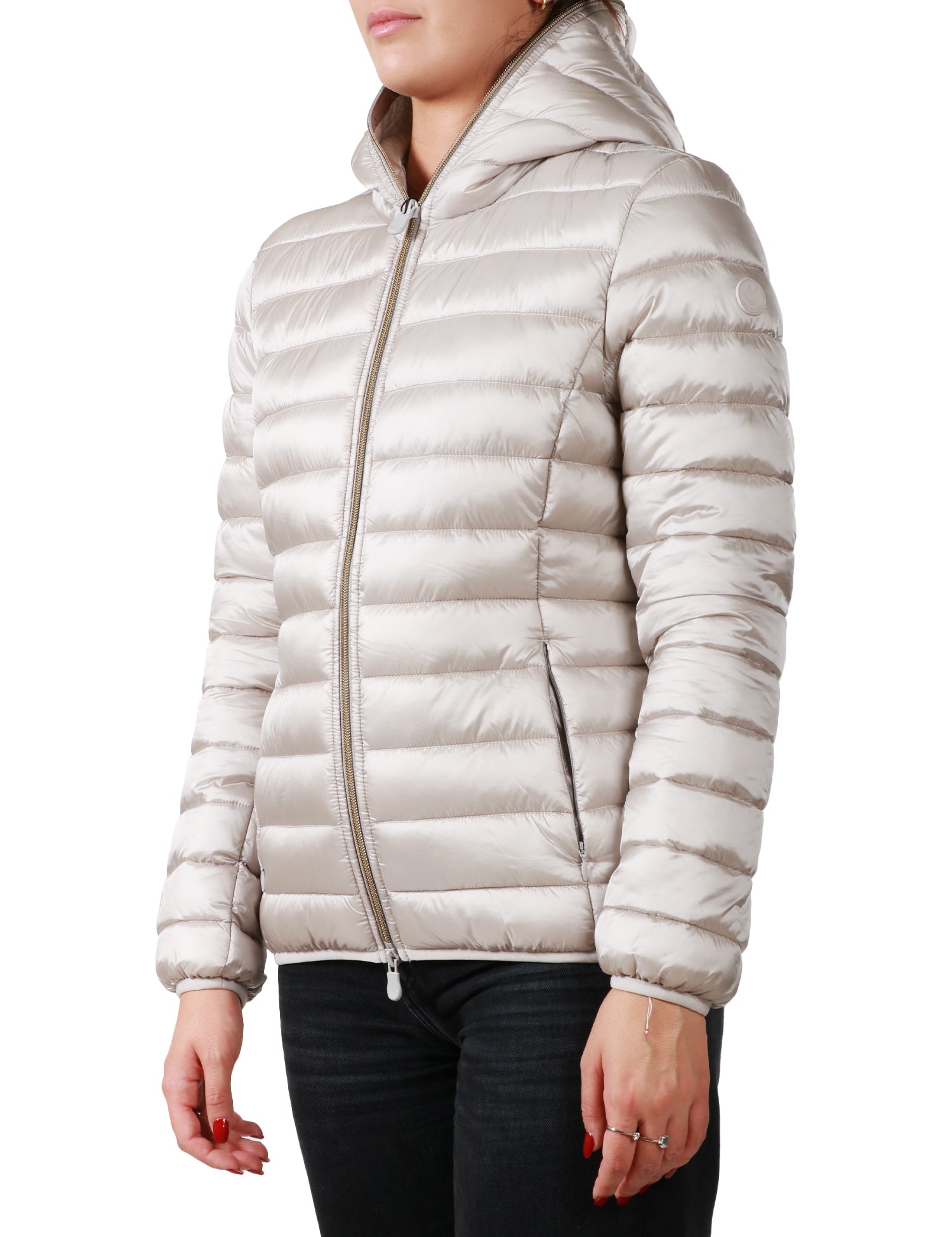 PIUMINO DONNA SAVE THE DUCK ALEXIS BEIGE CON ZIP E CAPPUCCIO IN NYLON TRAPUNTATO