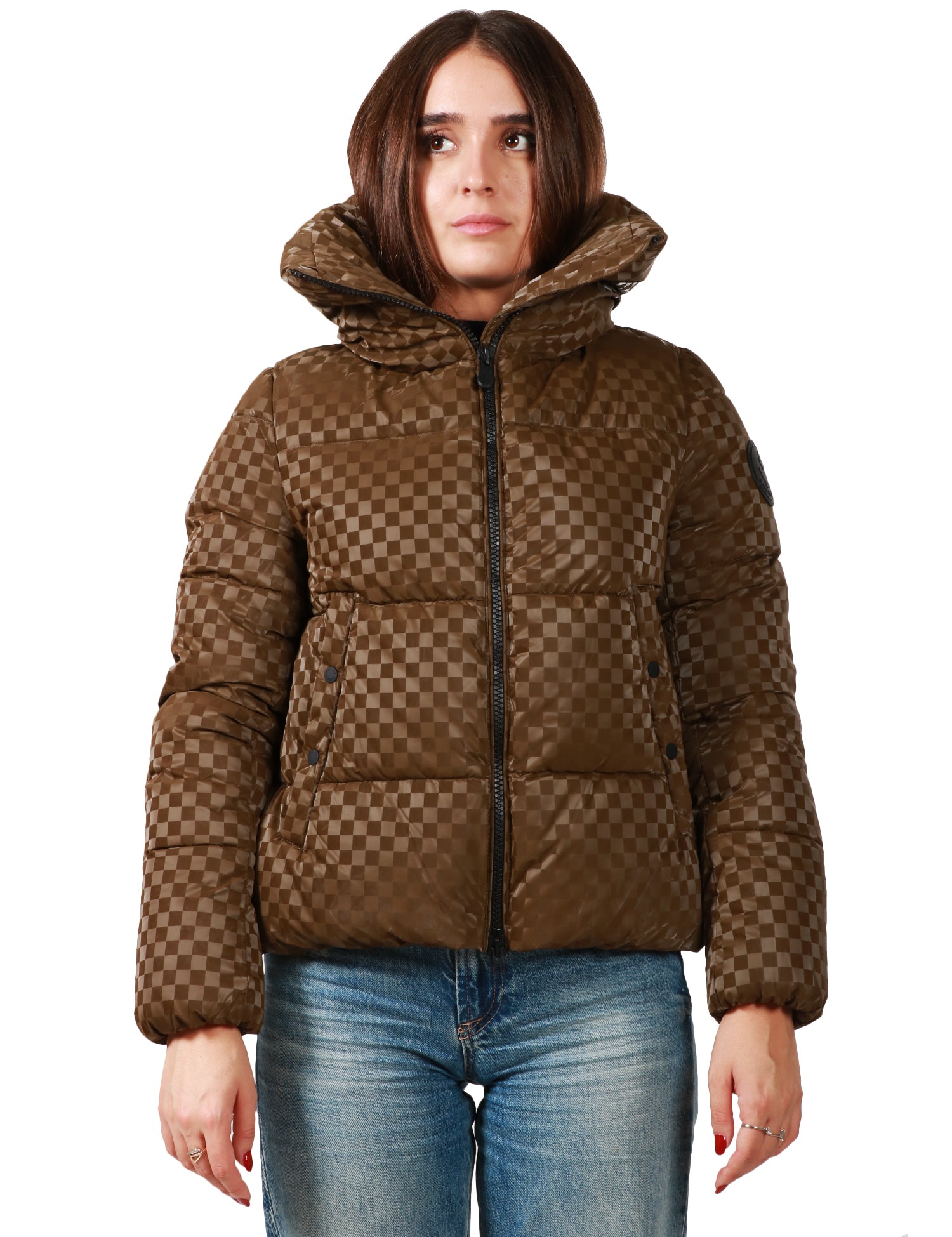 PIUMINO DONNA SAVE THE DUCK DARK GREEN CON MOTIVO A QUADRETTI, ZIP E CAPPUCCIO