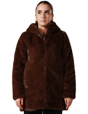 PIUMINO DONNA SAVE THE DUCK BRIDGET TEDDY BROWN LUNGO REVERSIBILE CON ZIP E CAPPUCCIO