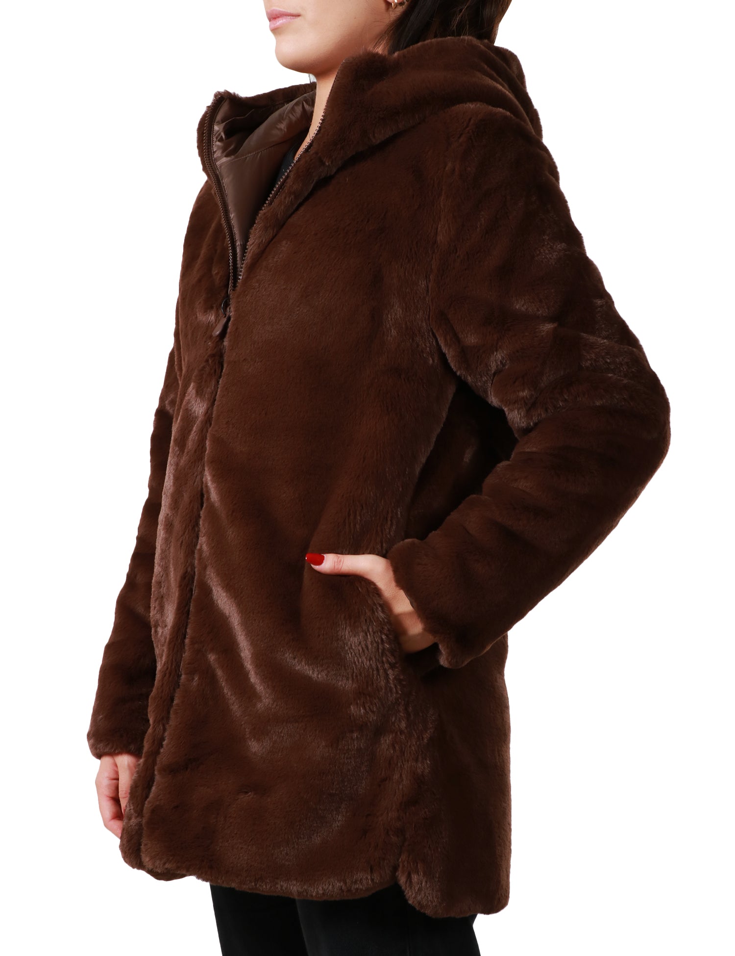 PIUMINO DONNA SAVE THE DUCK BRIDGET TEDDY BROWN LUNGO REVERSIBILE CON ZIP E CAPPUCCIO