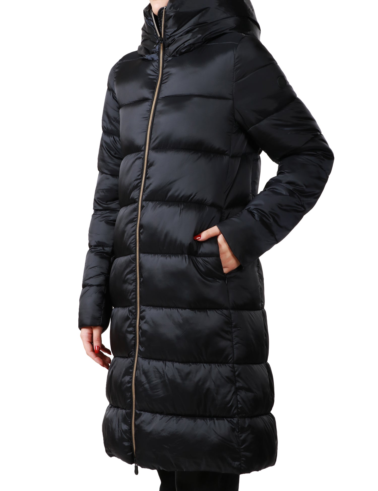 PIUMINO DONNA SAVE THE DUCK LYSA NERO LUNGO CON ZIP E COLLO A VULCANO IN NYLON TRAPUNTATO