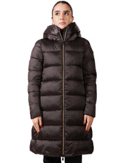 PIUMINO DONNA SAVE THE DUCK LYSA NERO/MARRONE LUNGO CON ZIP E COLLO A VULCANO IN NYLON TRAPUNTATO