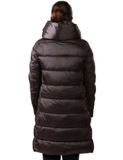 PIUMINO DONNA SAVE THE DUCK LYSA NERO/MARRONE LUNGO CON ZIP E COLLO A VULCANO IN NYLON TRAPUNTATO