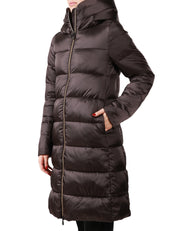 PIUMINO DONNA SAVE THE DUCK LYSA NERO/MARRONE LUNGO CON ZIP E COLLO A VULCANO IN NYLON TRAPUNTATO