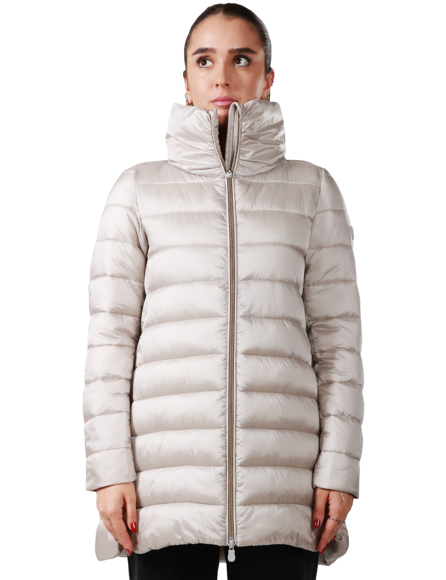 PIUMINO DONNA SAVE THE DUCK LYDIA BEIGE CON ZIP E COLLO A VULCANO IN NYLON TRAPUNTATO IDROREPELLENTE