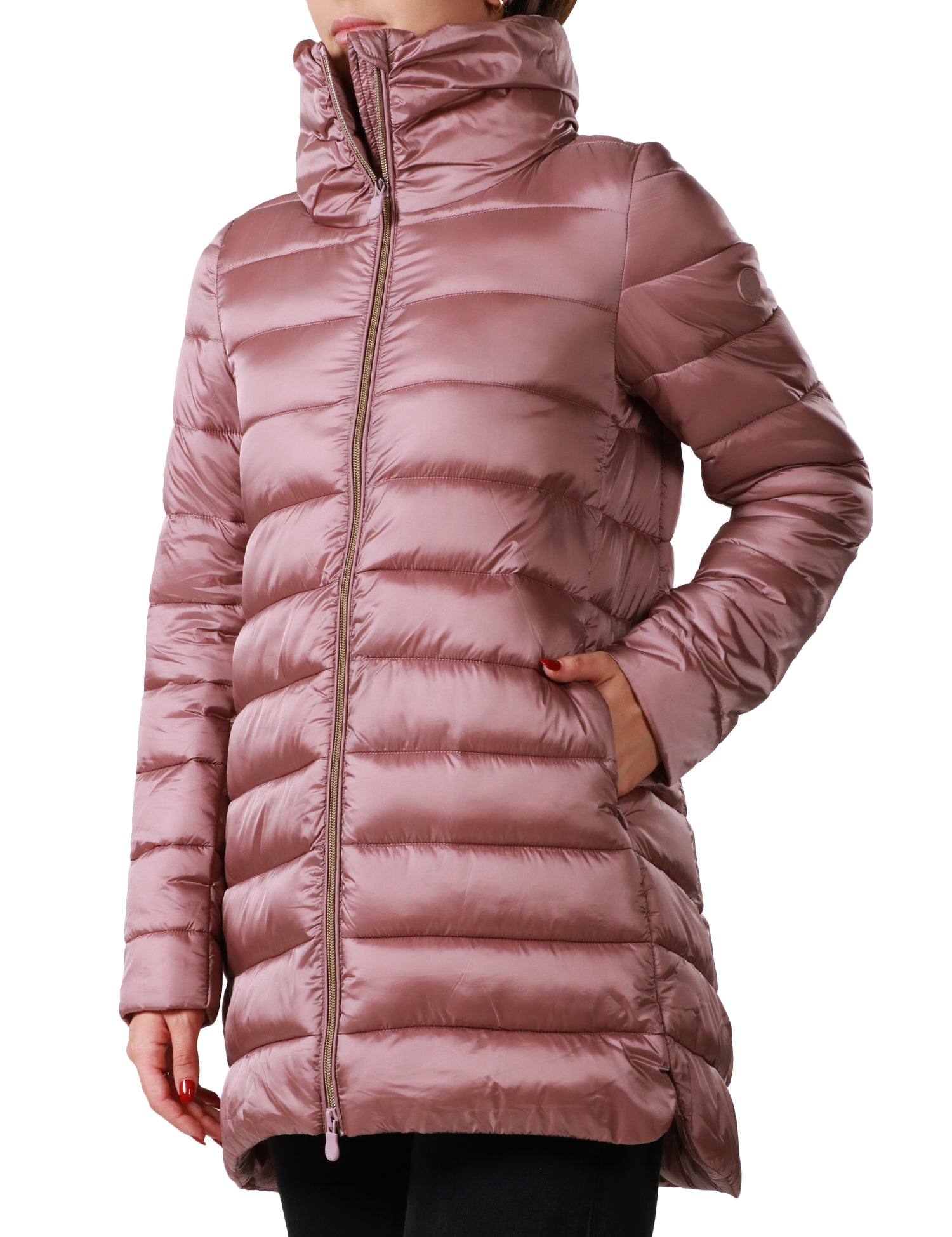 PIUMINO DONNA SAVE THE DUCK LYDIA ROSA LUNGO CON ZIP E COLLO A VULCANO IN NYLON IDROREPELLENTE