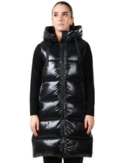 GILET DONNA SAVE THE DUCK IRIS NERO LUNGO IMBOTTITO CON CAPPUCCIO IN NYLON TRAPUNTATO LUCIDO