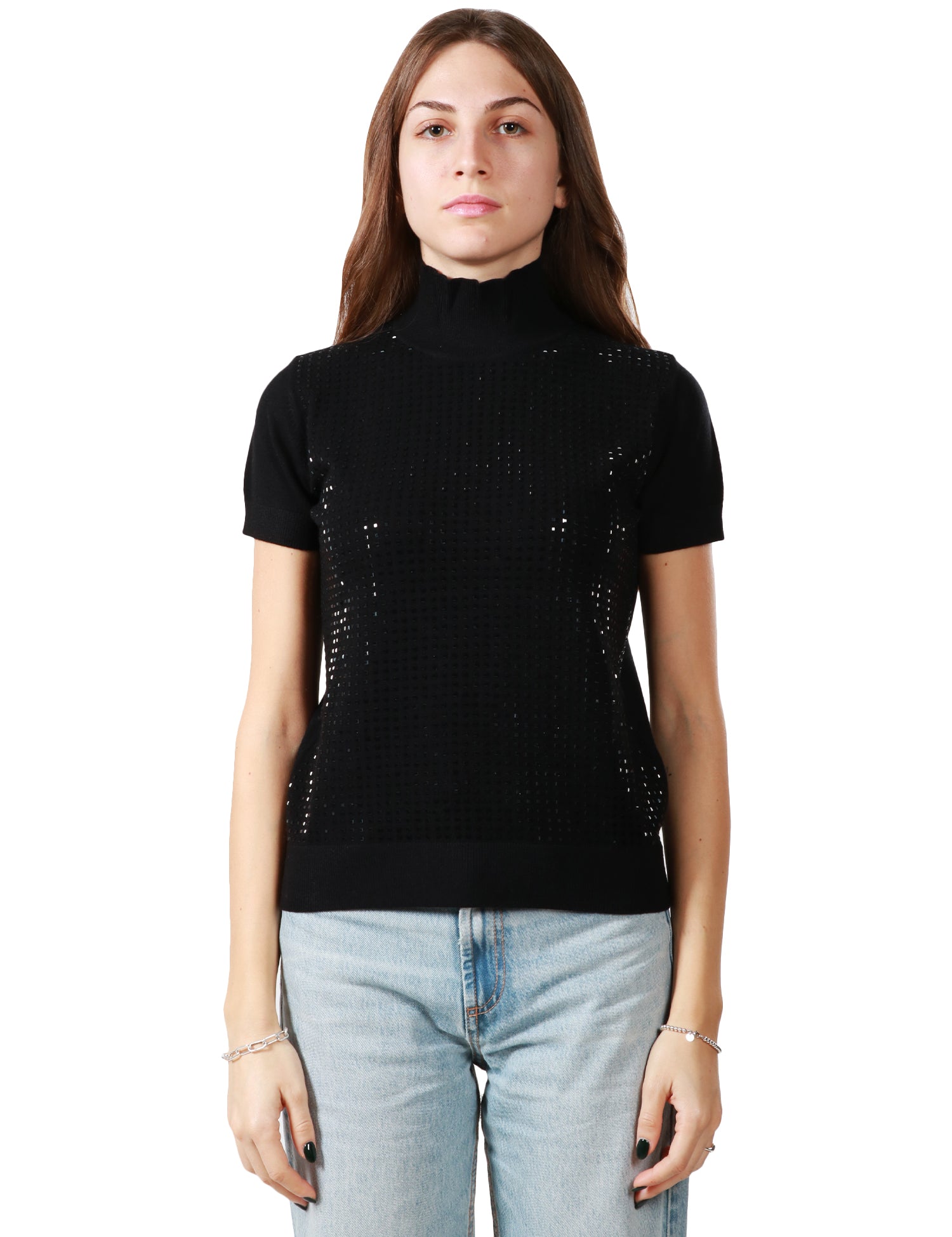 MAGLIA LUPETTO DONNA SEVENTY NERA A MEZZA MANICA CON APPLICAZIONI ALL-OVER DAVANTI