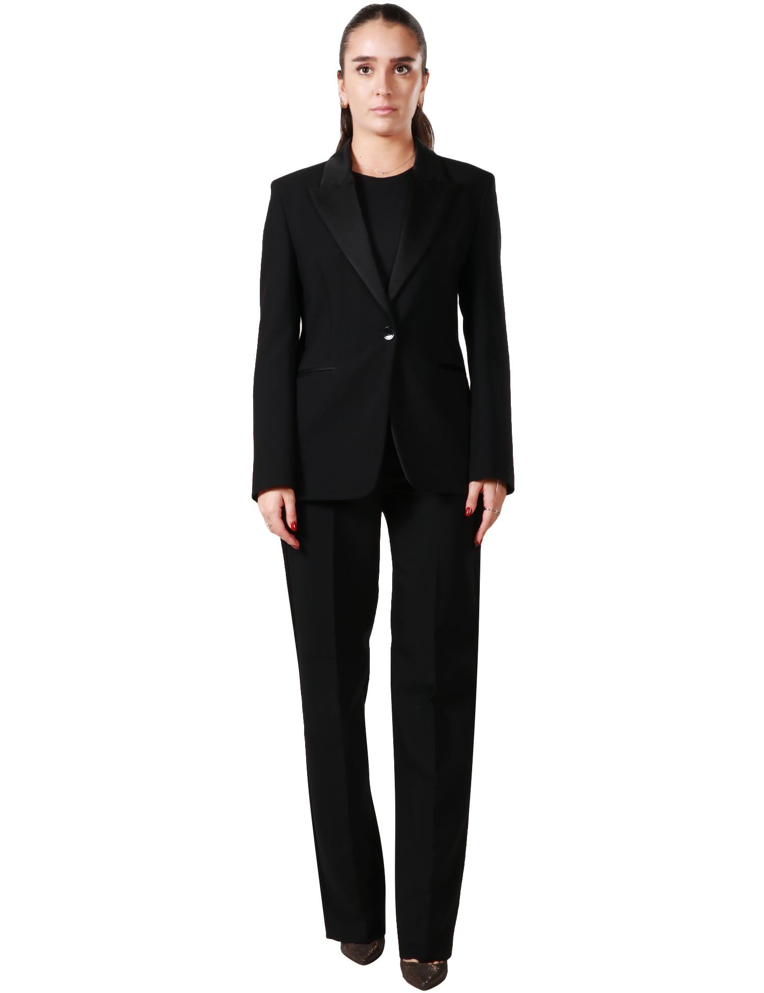 TAILLEUR DONNA NERO SEVENTY COMPOSTO DA GIACCA MONOPETTO E PANTALONE DRITTO SLIM IN DOPPIO POLY BISTRETCH