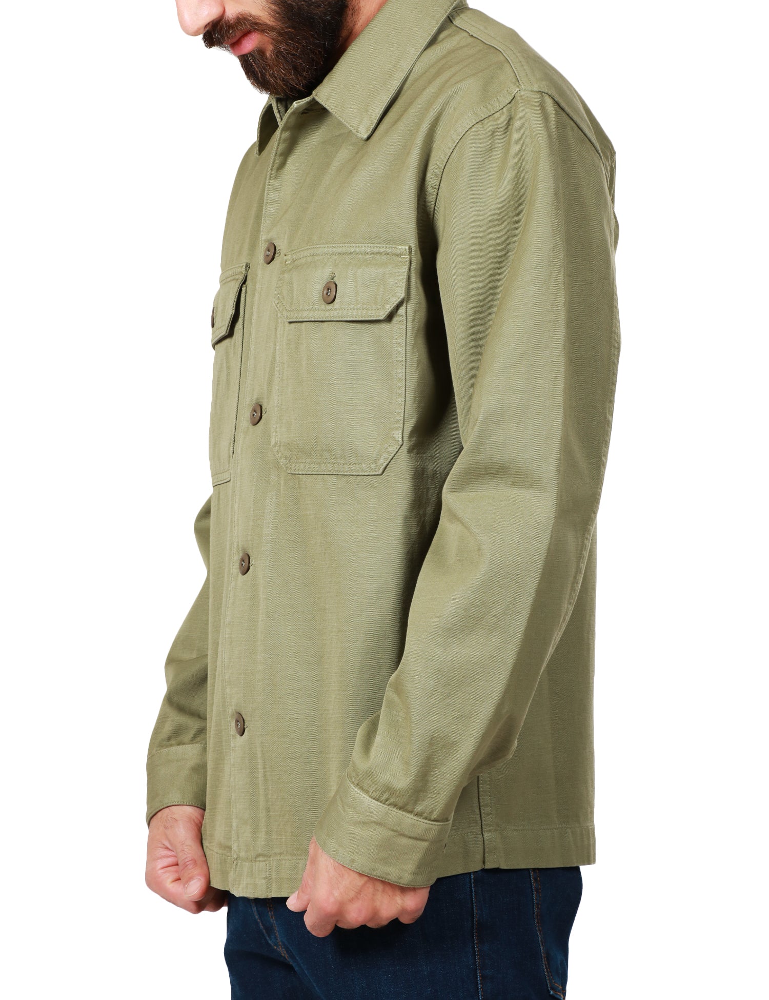 CAMICIA UOMO TELA GENOVA VERDE MILITARE CON TASCONI DAVANTI IN 100%COTONE