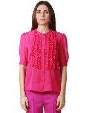 CAMICIA DONNA CARLA RUIZ FUXIA MANICA CORTA CON MOTIVO DI ROUCHES DAVANTI E BOTTONCINI GIOIELLO