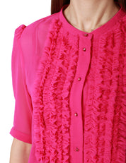 CAMICIA DONNA CARLA RUIZ FUXIA MANICA CORTA CON MOTIVO DI ROUCHES DAVANTI E BOTTONCINI GIOIELLO