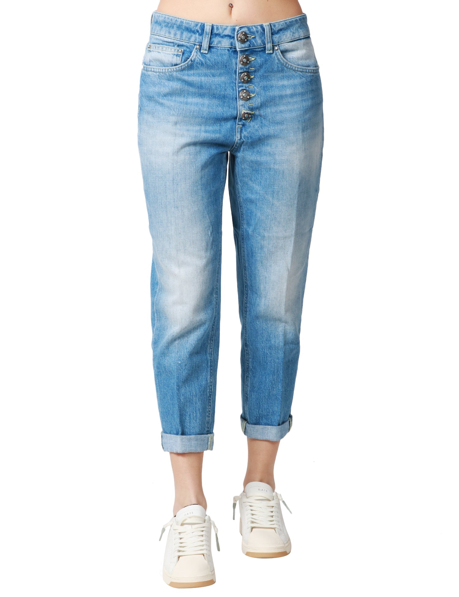 JEANS DONNA DONDUP KOONS LAVAGGIO CHIARO CON BOTTONI GIOIELLO A GAMBA DRITTA