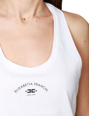 TOP DONNA ELISABETTA FRANCHI GESSO IN JERSEY DI COTONE CON SCOLLO VOGATORE E STAMPA LOGO FRONTALE