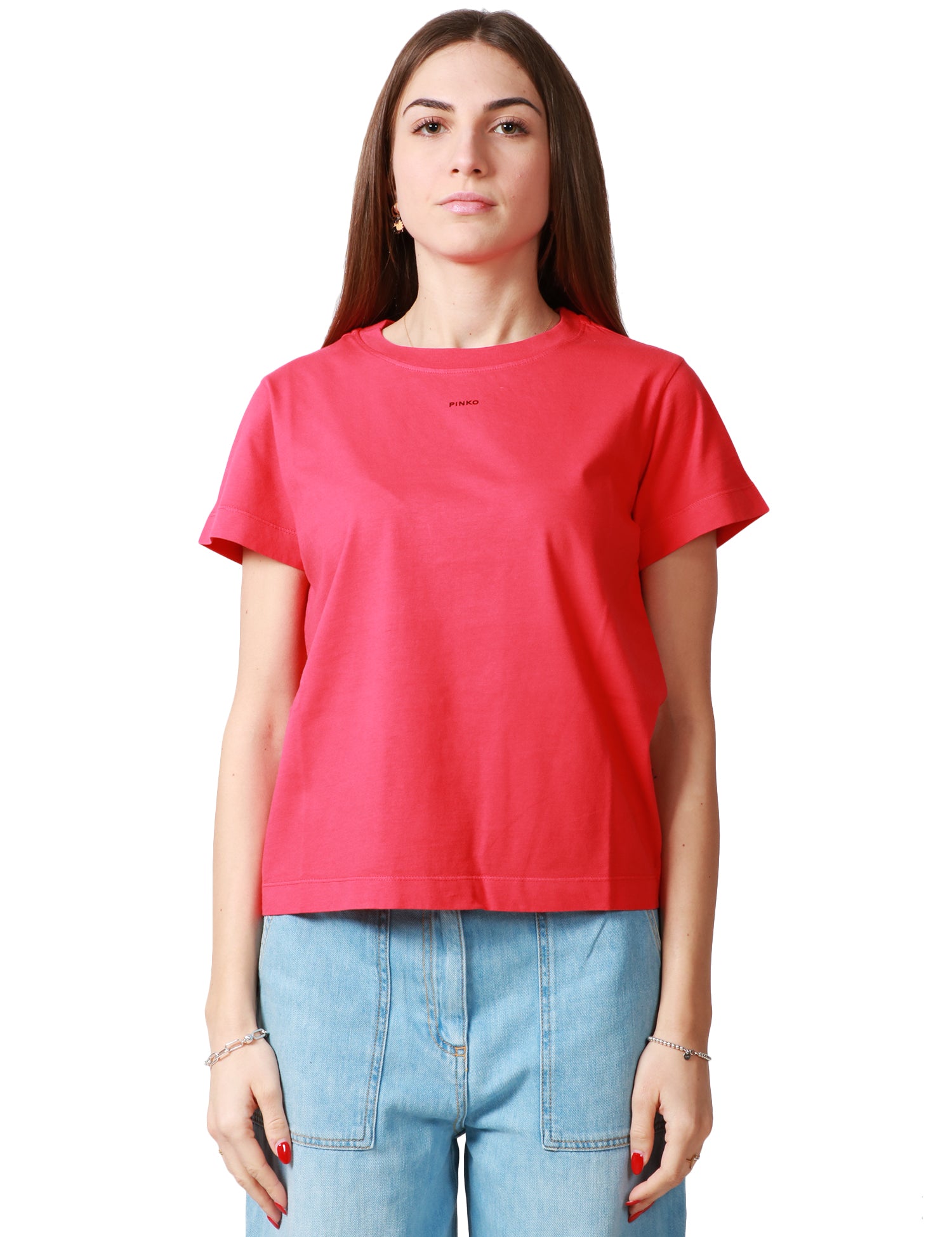 T-SHIRT DONNA PINKO BASICO ROSSA IN JERSEY CON STAMPA LOGO SUL PETTO